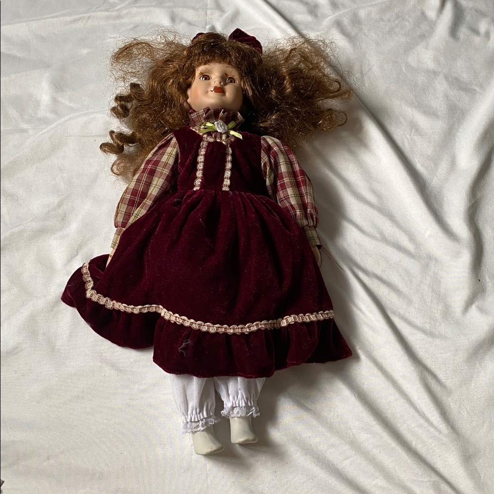 Vintage Style Porcelain Doll in Burgundy Dress